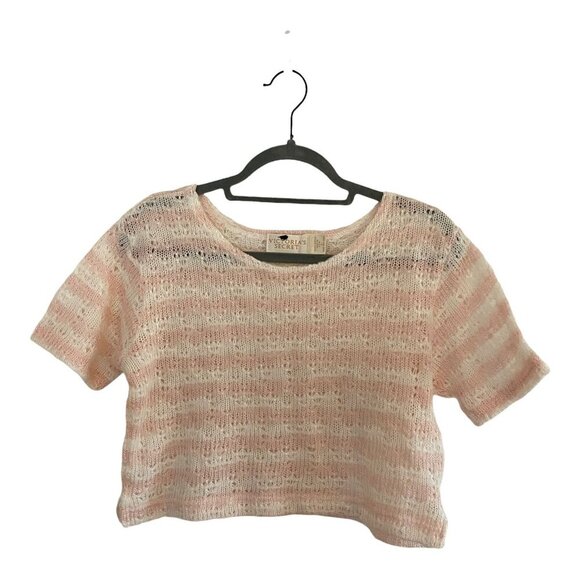 Victorias Secret Pink Striped Open Knit Cropped Short Sleeve Sweater Top Size L - Picture 1 of 4